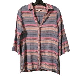 Foxcroft NYC Striped V-neck Button-Up shirt Women's size 10 boho Linen Viscose